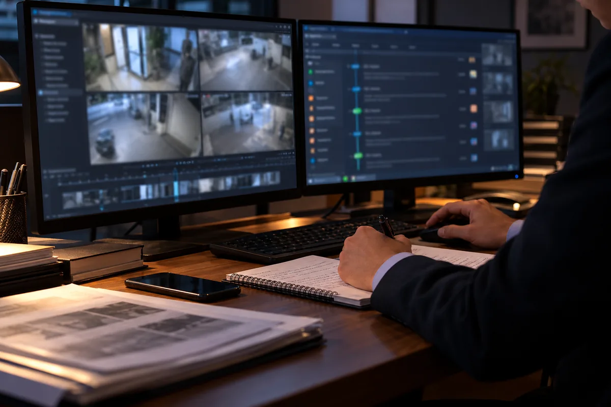 Analista confere vídeos e linha do tempo de um caso criminal