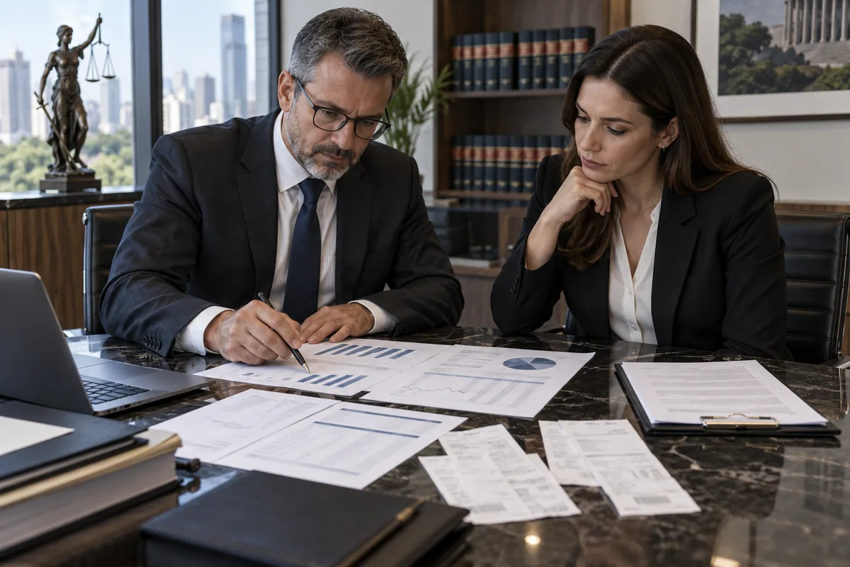 Advogado e especialista conferem extratos e recibos em investigação de apropriação indébita