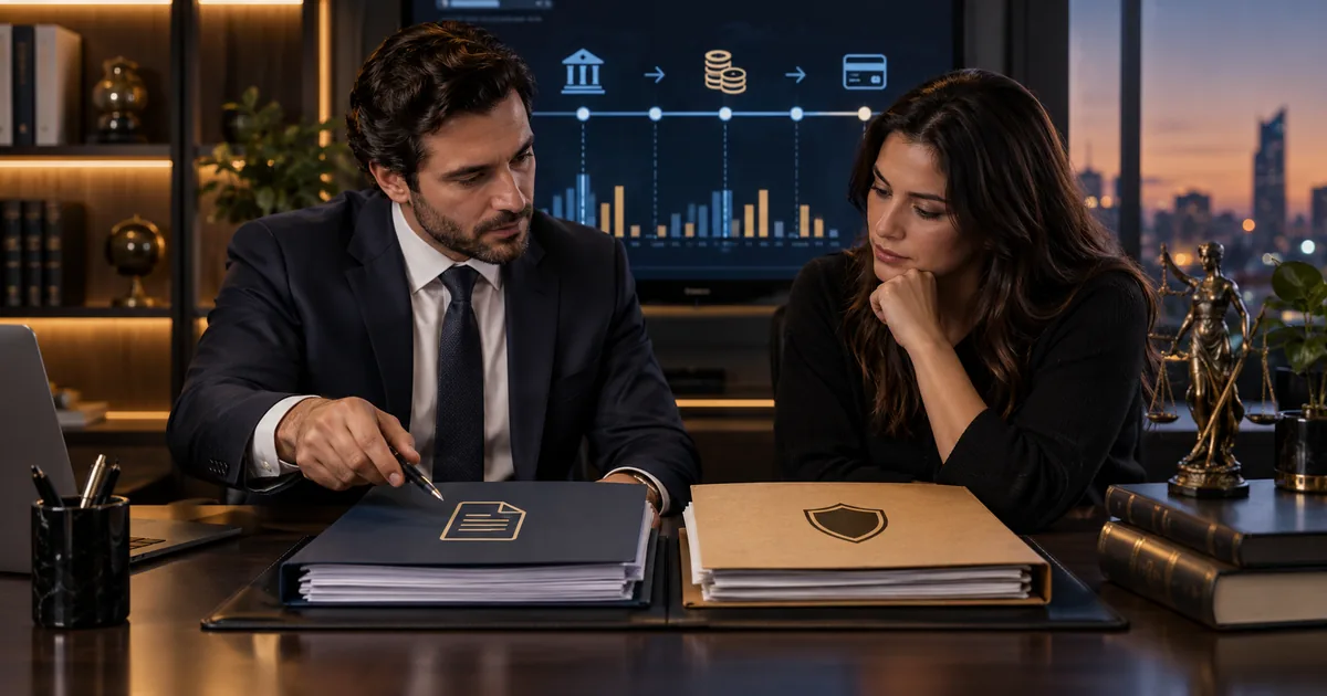 Advogado compara documentos contratuais e provas financeiras com cliente acusado