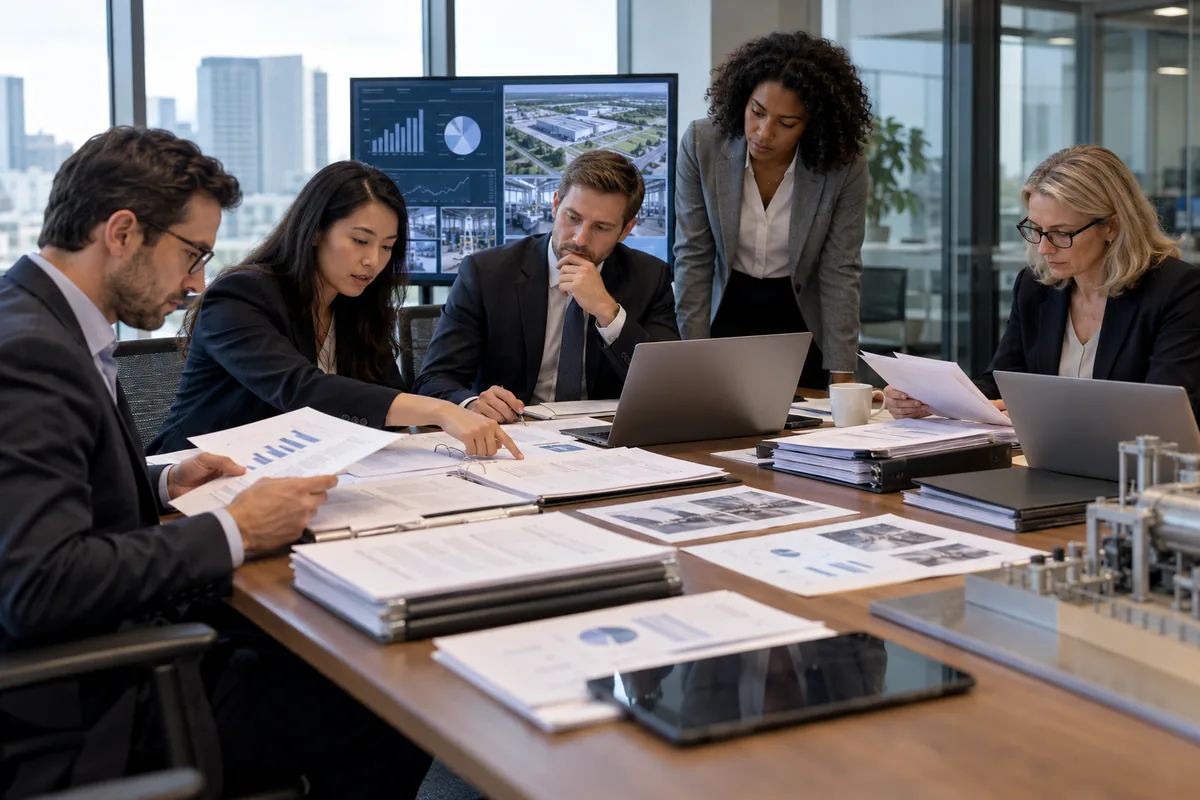 Equipe jurídica e financeira revisa dados antes da aquisição de empresa