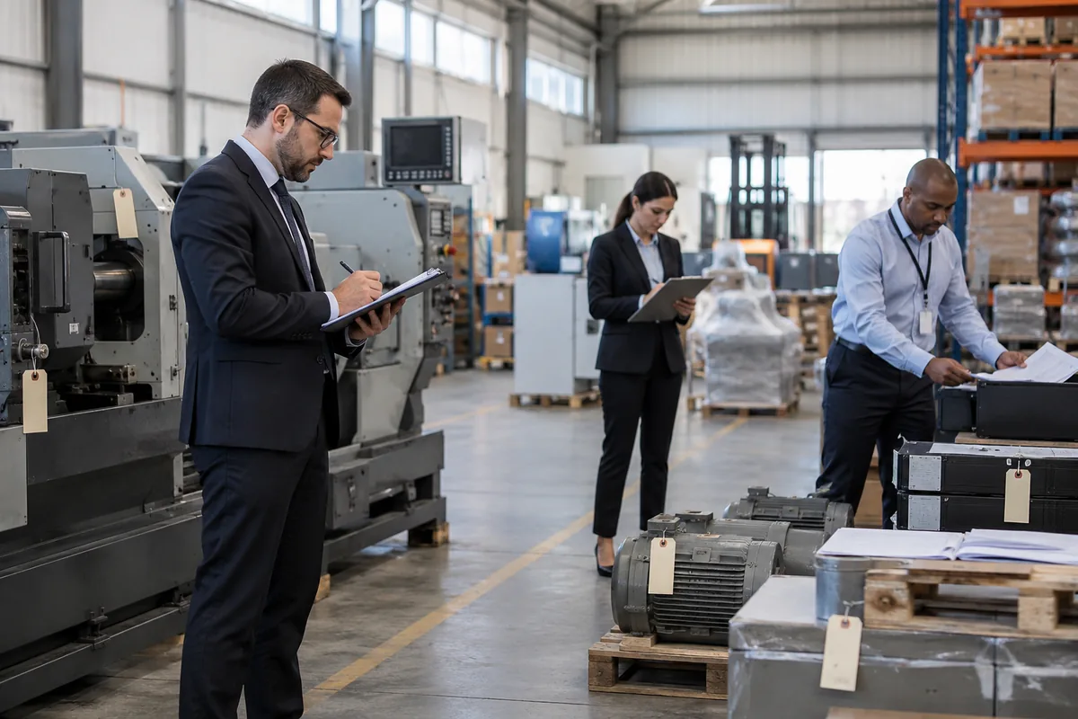 Equipe realiza inventário de máquinas e ativos empresariais
