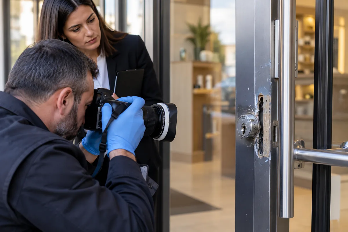 Perito fotografa fechadura danificada sob acompanhamento de advogada