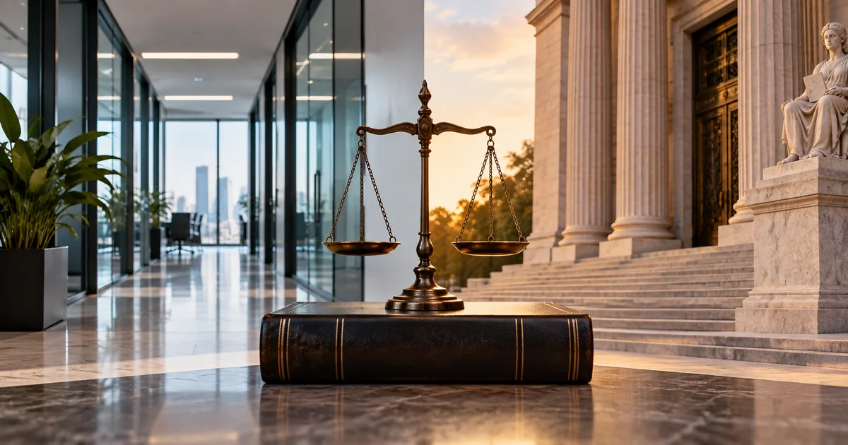 Ambiente corporativo e tribunal separados por balança