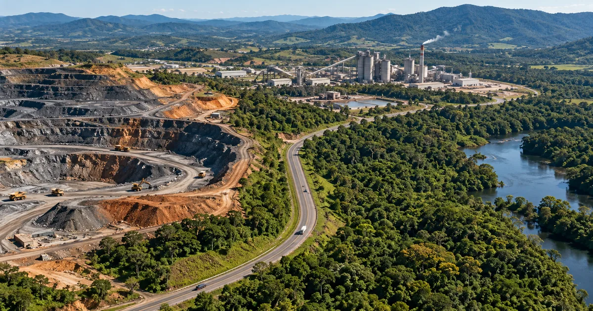 Mineração indústria rodovia e floresta em área monitorada