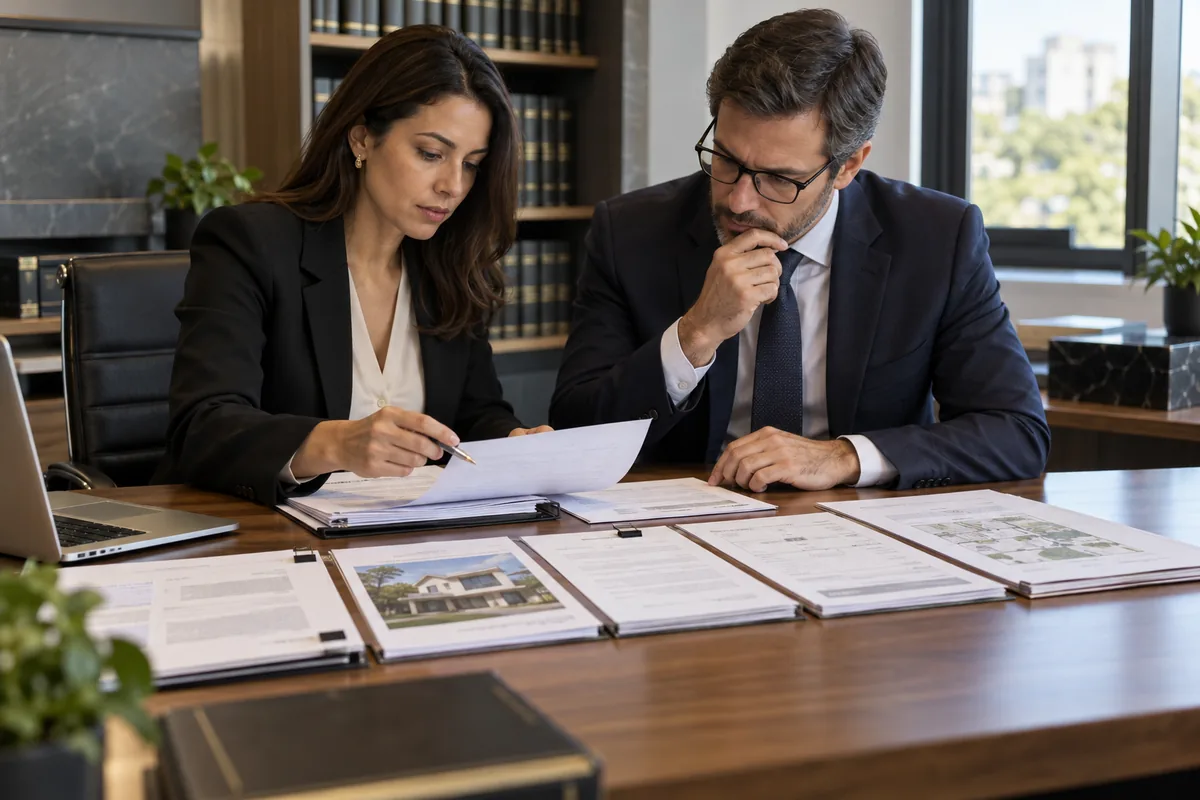 Profissionais conferem matrícula, intimações, edital e documentos de imóvel leiloado