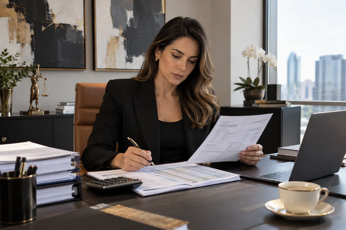 Advogada confere notas fiscais e planilha de ISS municipal