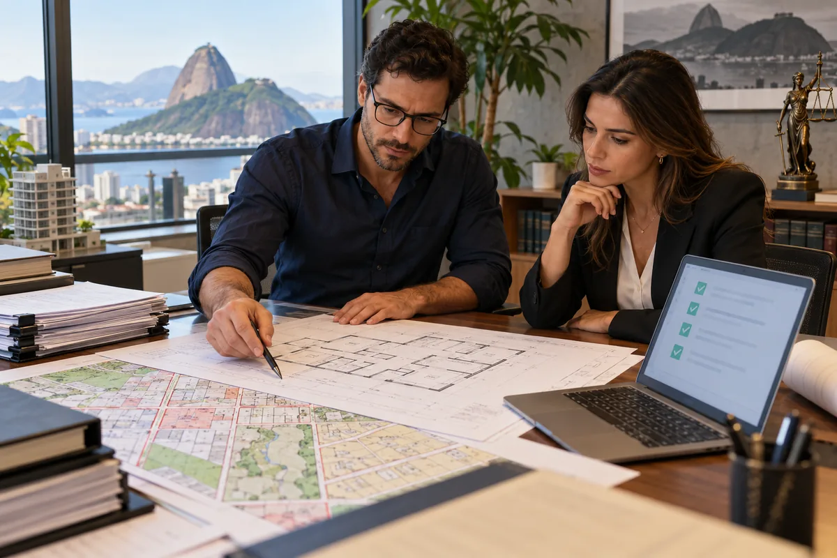 Profissionais conferem planta, mapa e checklist imobiliário