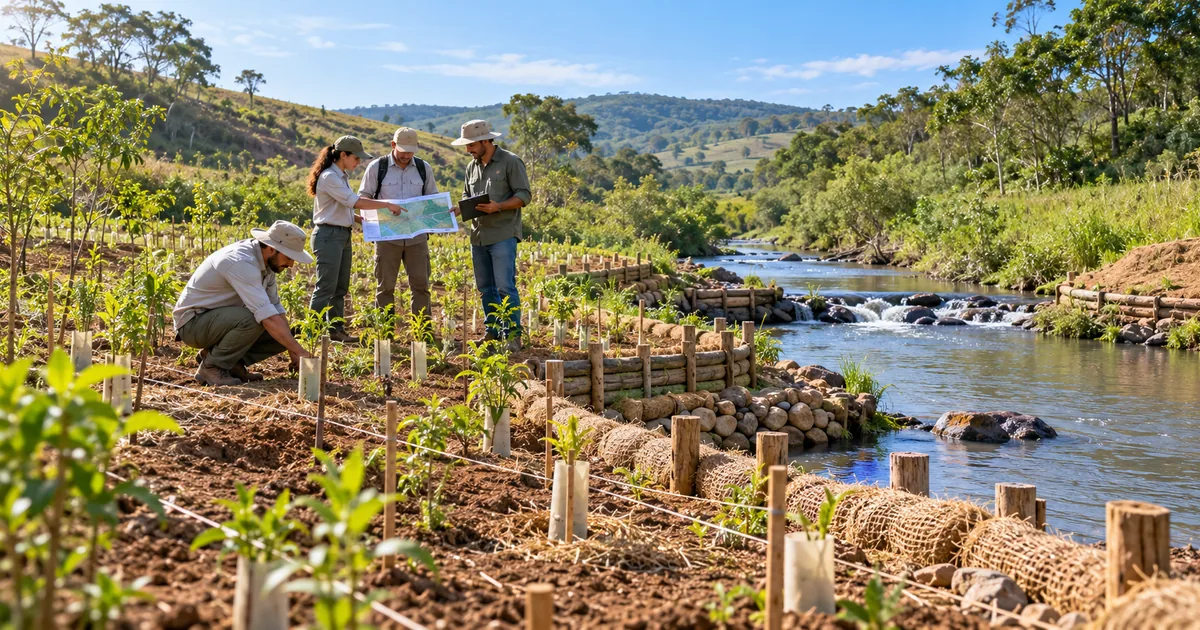 Equipe acompanha projeto de recuperação ambiental em margem de rio
