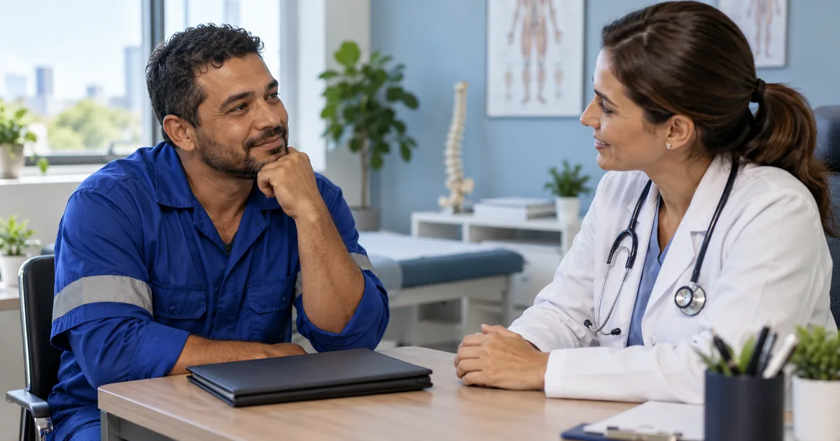 Trabalhador conversa com médica sobre benefício por incapacidade