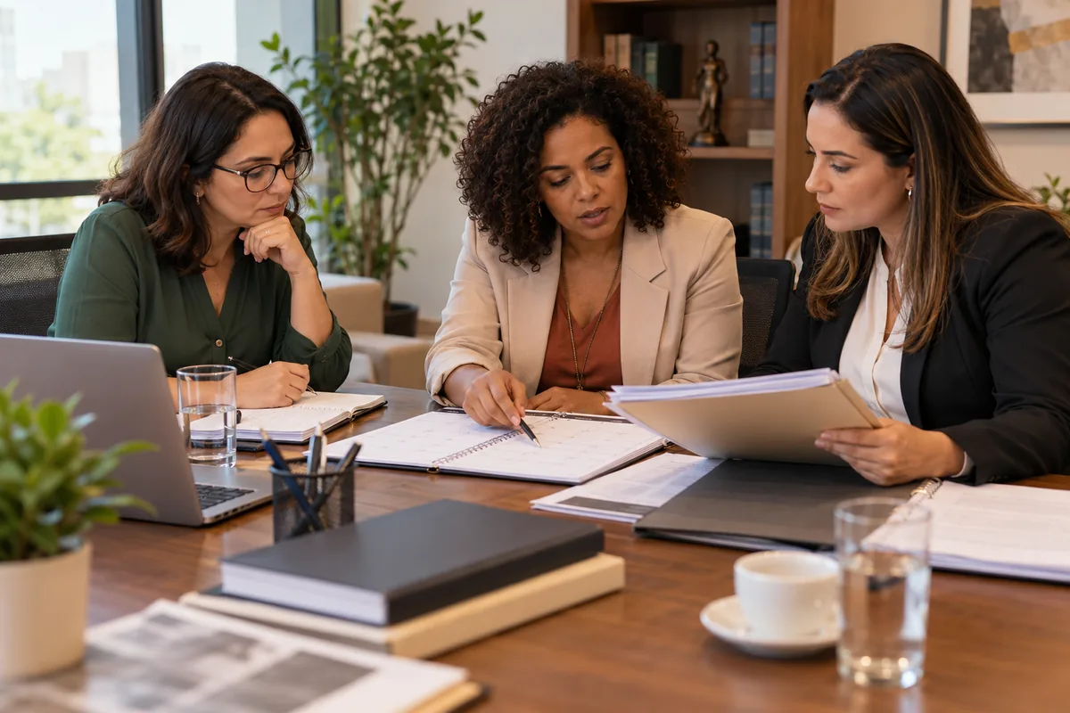 Equipe multidisciplinar analisando cronologia e documentos familiares
