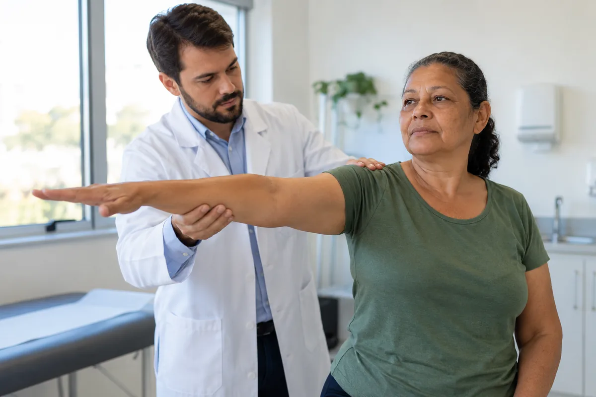 Médico avalia movimento do braço de segurada durante exame funcional