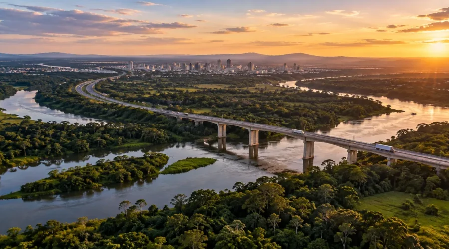 Corredor de infraestrutura cruza rio e paisagem verde próxima a cidade