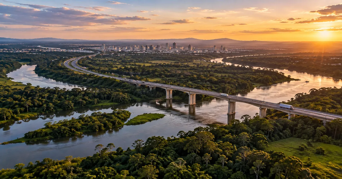 Corredor de infraestrutura cruza rio e paisagem verde próxima a cidade