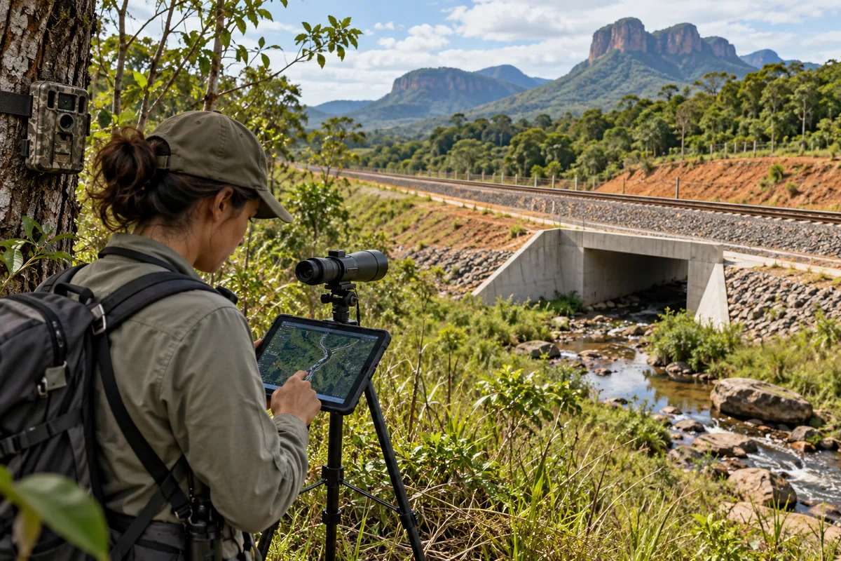 Especialista avalia fauna e curso d água ao lado de corredor ferroviário