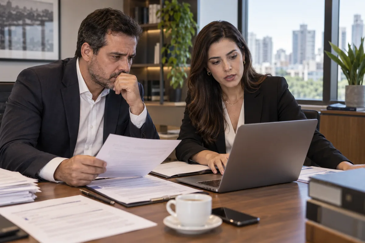 Advogada e empresário avaliam documentos após quebra de contrato empresarial