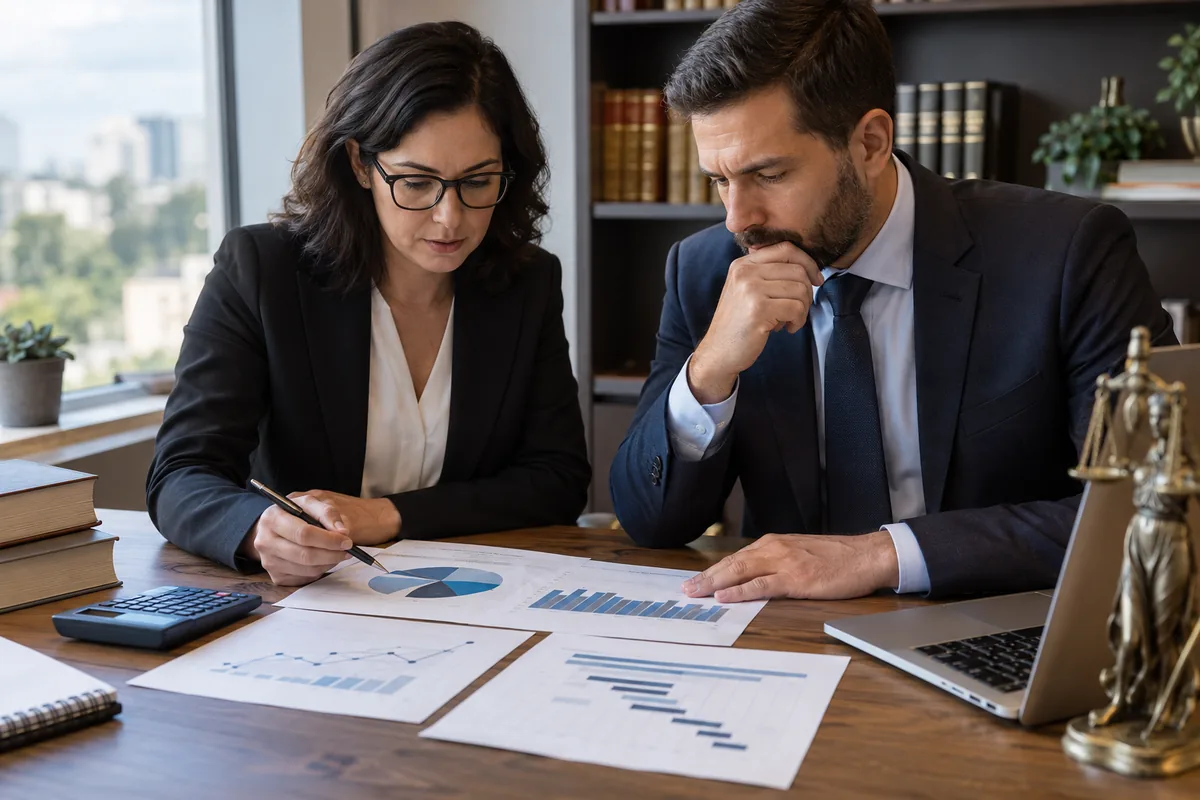 Perita e sócio analisando avaliação de quotas e cronograma de pagamento