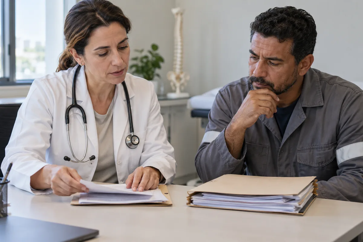 Médica analisa documentos com trabalhador sobre incapacidade laboral