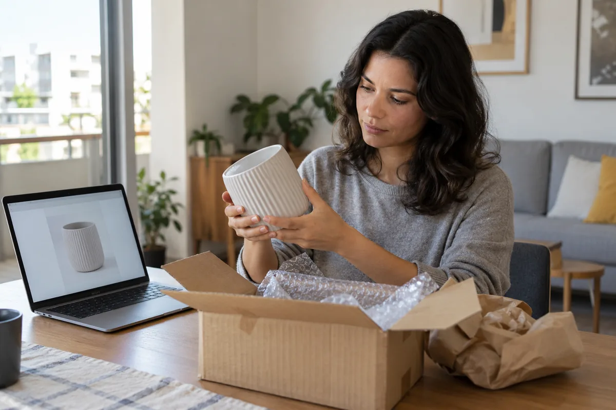 Consumidora compara produto recebido com imagem da compra online