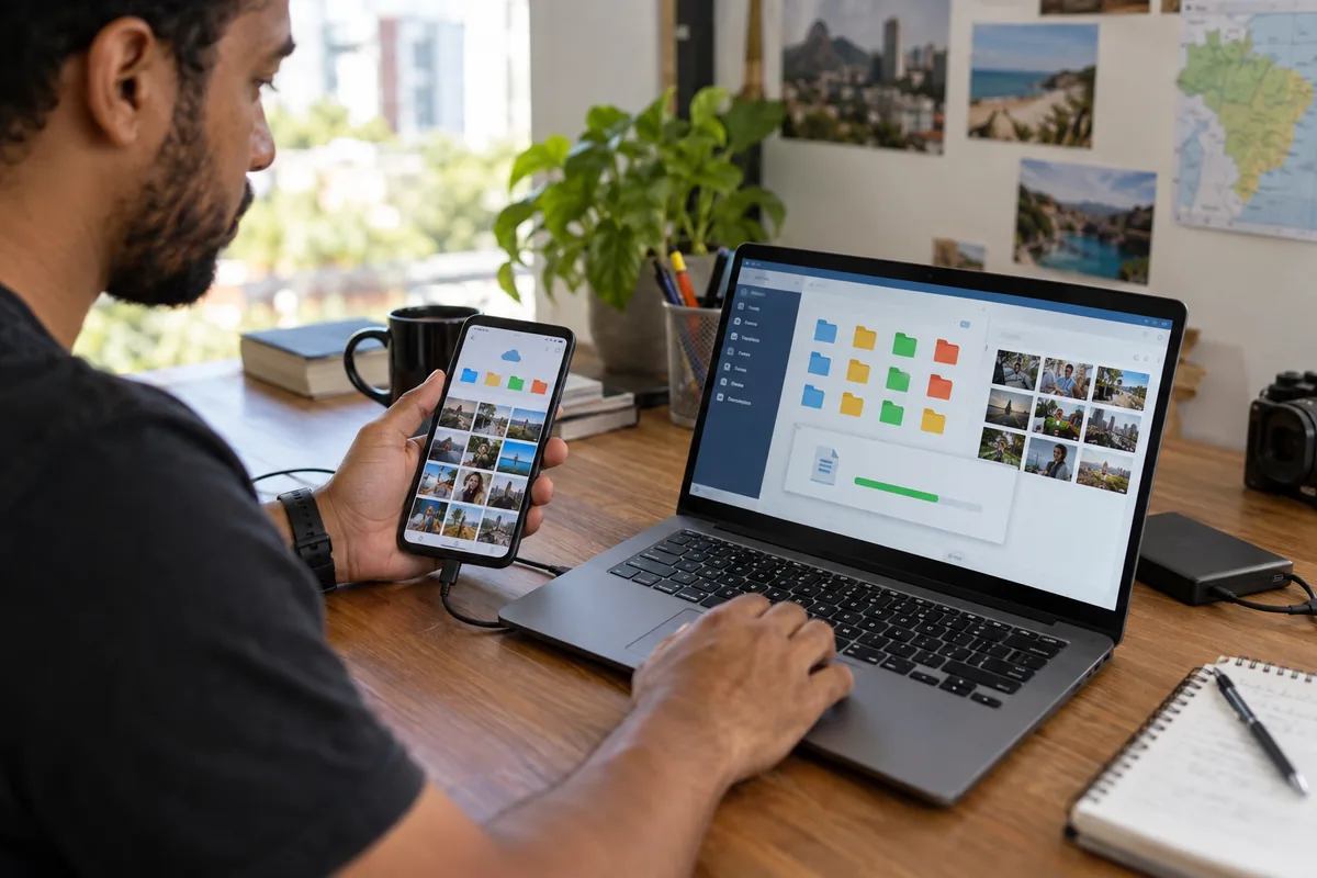 Pessoa faz cópia de segurança de arquivos de prova do celular para o notebook