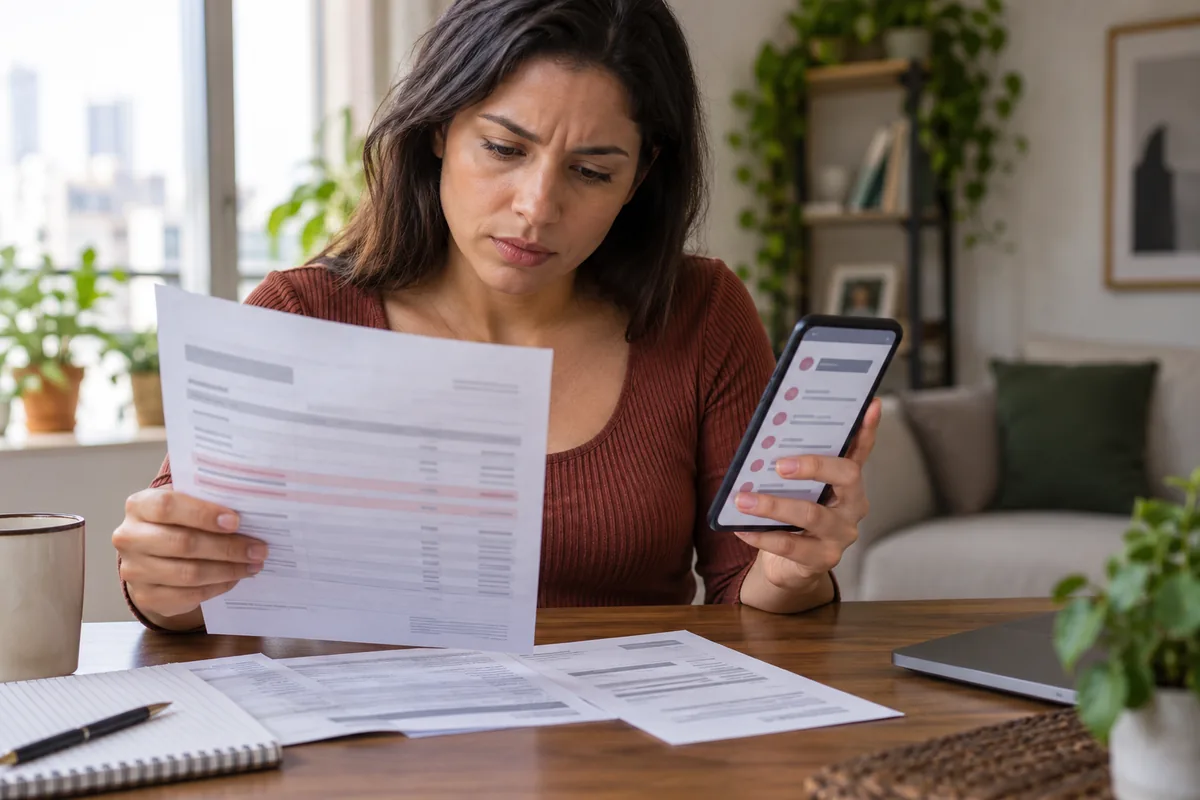 Cliente compara extrato bancário e aplicativo no celular
