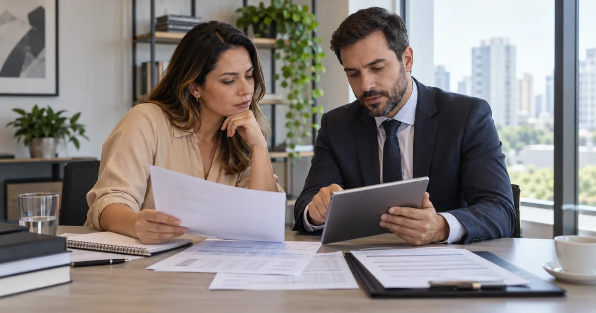 Cliente e advogado analisam contrato bancário extratos e tablet