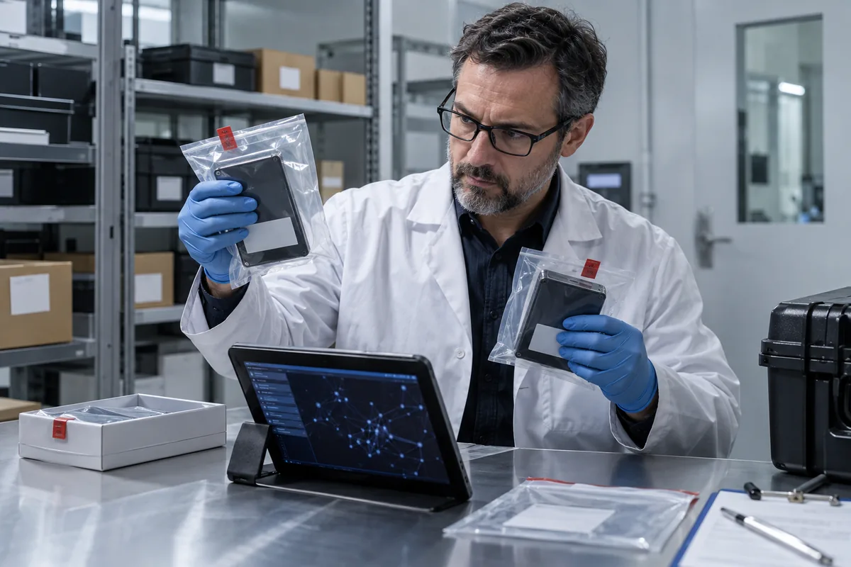 Especialista examina mídias digitais lacradas em ambiente forense