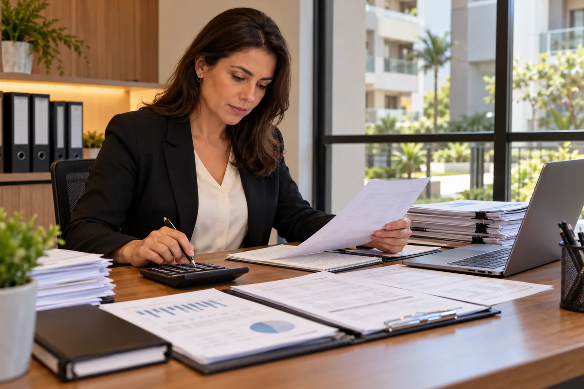 Administradora confere planilhas e calcula cotas condominiais em atraso