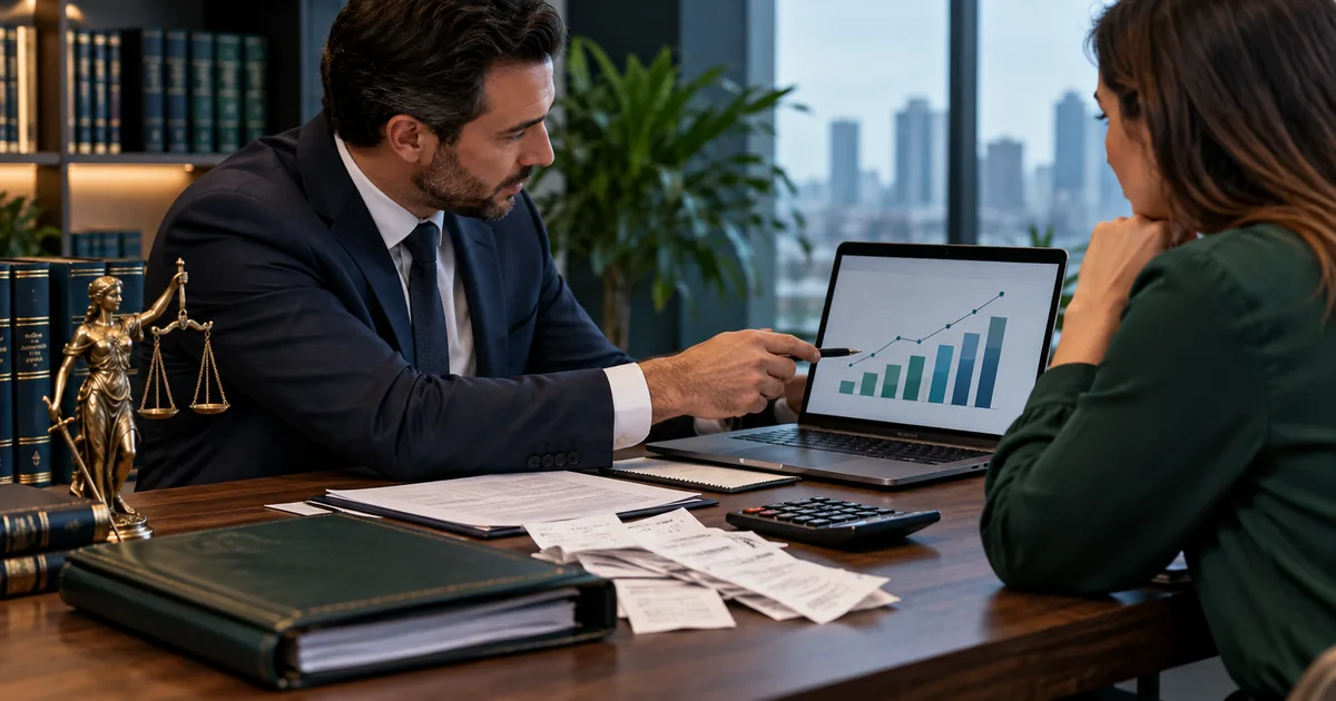 Advogado e cliente analisam cálculo de danos materiais
