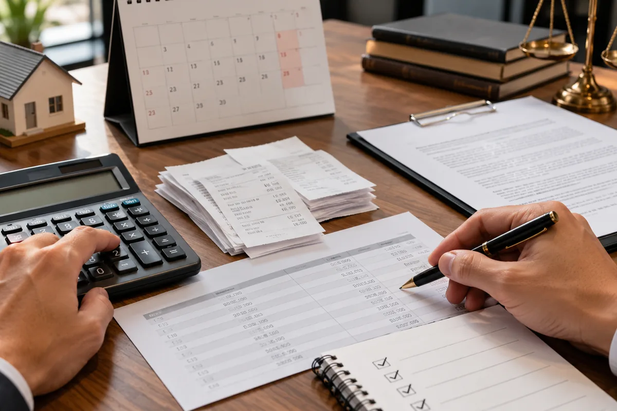 Calculadora, calendário, recibos e contrato usados no cálculo do débito