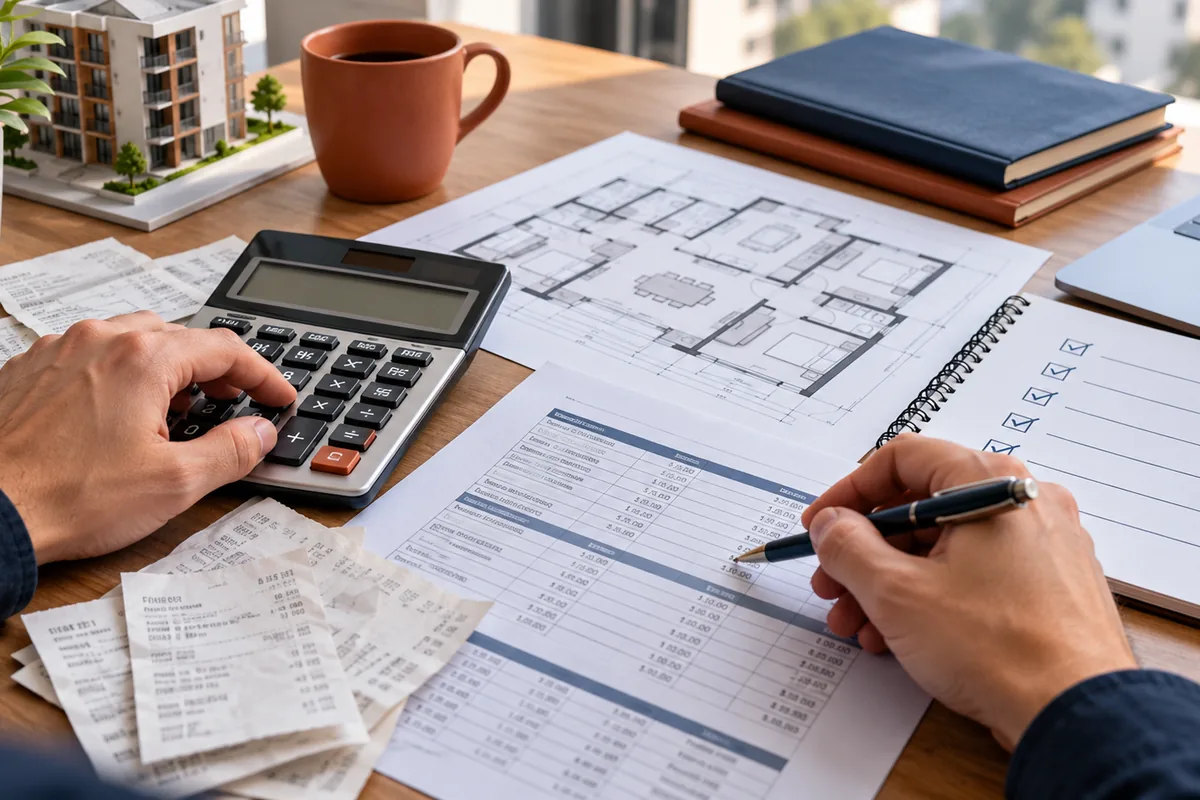 Calculadora, comprovantes e planta usados no cálculo de distrato imobiliário