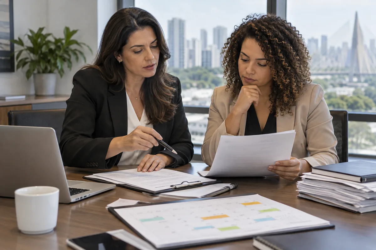 Advogada e gestora analisam contrato e calendário de renovação