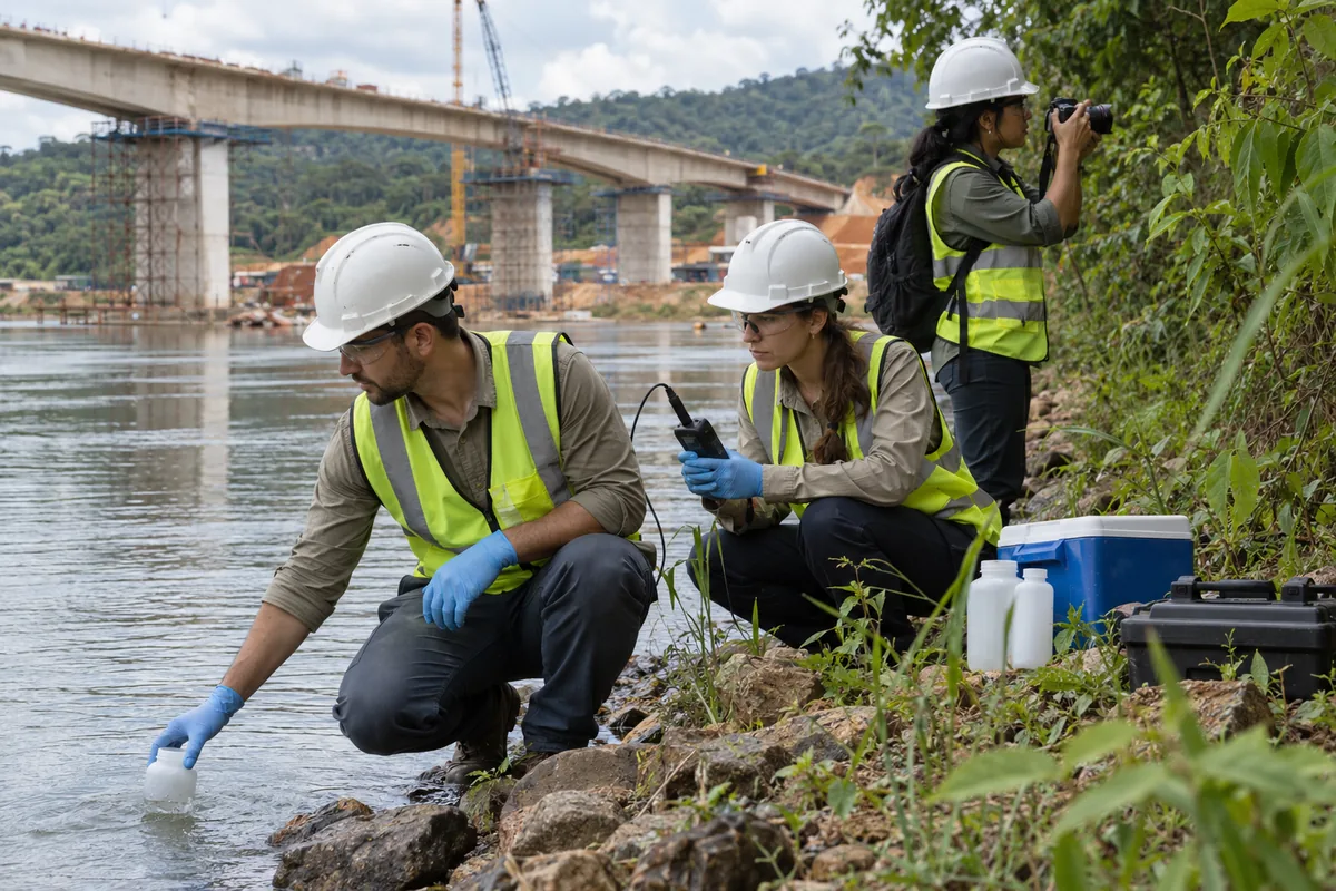 Equipe ambiental coleta água e registra vegetação perto de ponte em construção