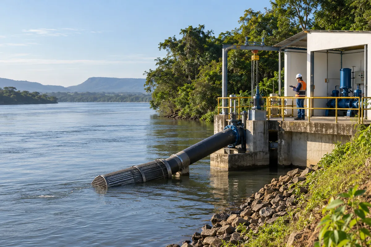 Estação de captação em rio com vegetação ciliar preservada