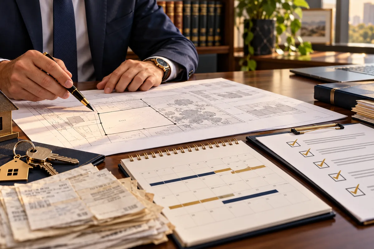 Planta, documentos e linha do tempo usados na análise de usucapião