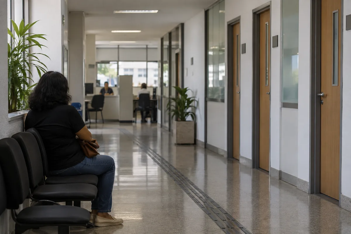 Cidadã aguarda atendimento em corredor de repartição pública