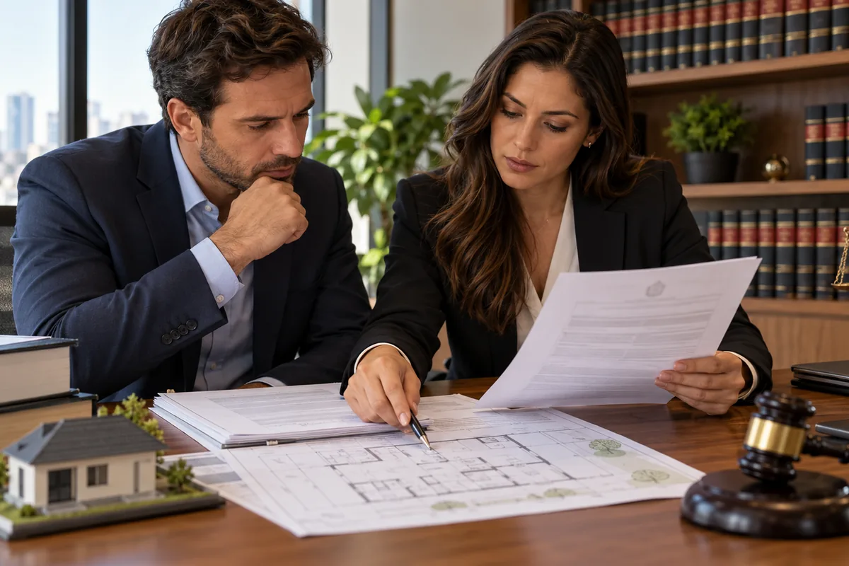 Advogada e proprietário analisam citação e planta do imóvel