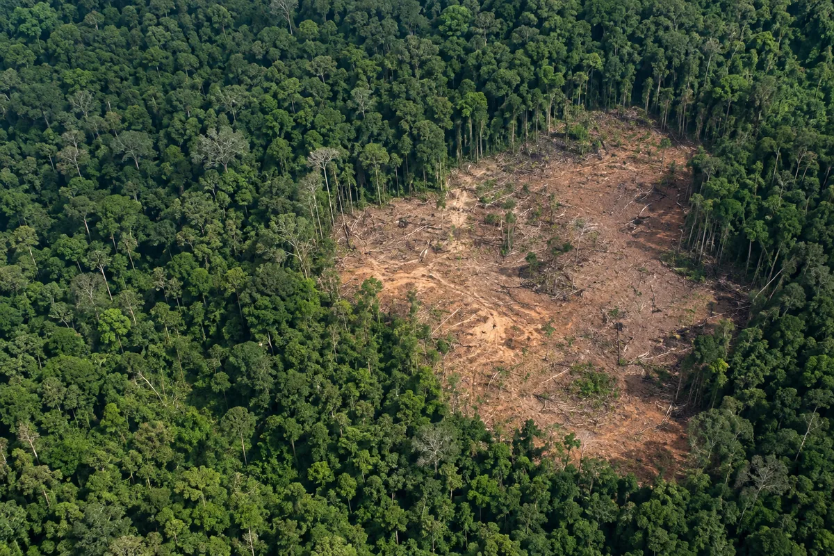 Clareira aberta por desmatamento em meio à floresta preservada
