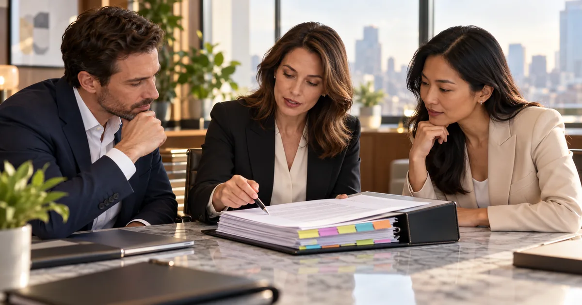 Executivos e advogada revisando contrato empresarial com marcadores