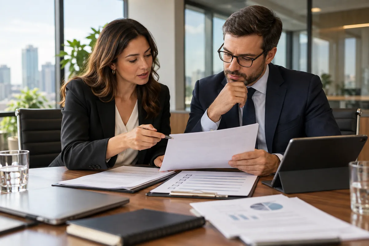 Profissionais revisando cláusulas essenciais de contrato empresarial