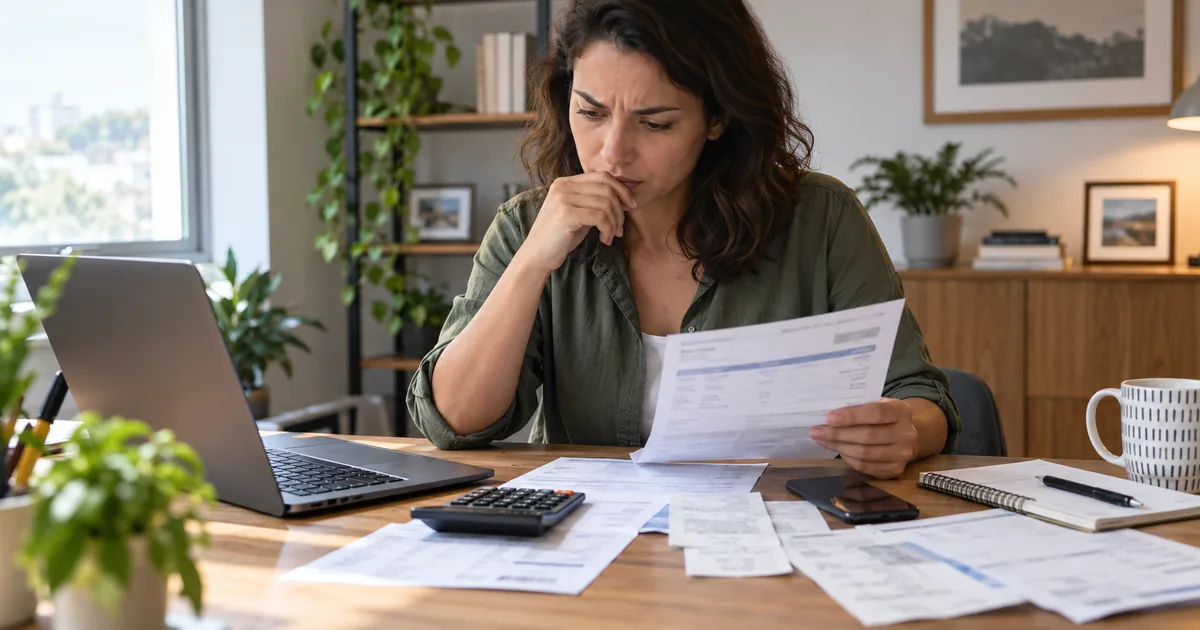 Consumidora analisa fatura inesperadamente alta com recibos e calculadora
