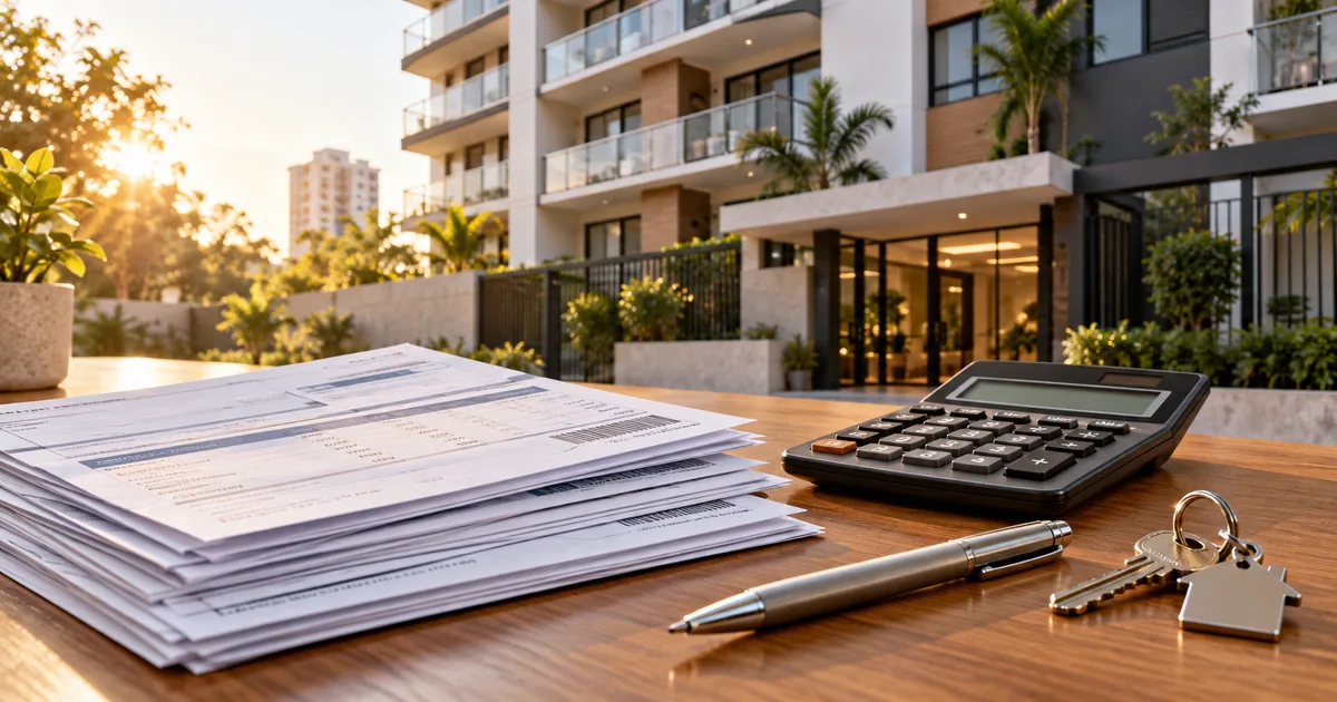 Boletos, calculadora e chaves diante de edifício residencial