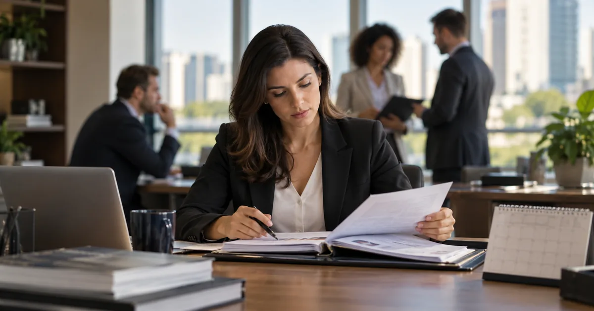 Profissional analisa documentos para cobrar títulos empresariais