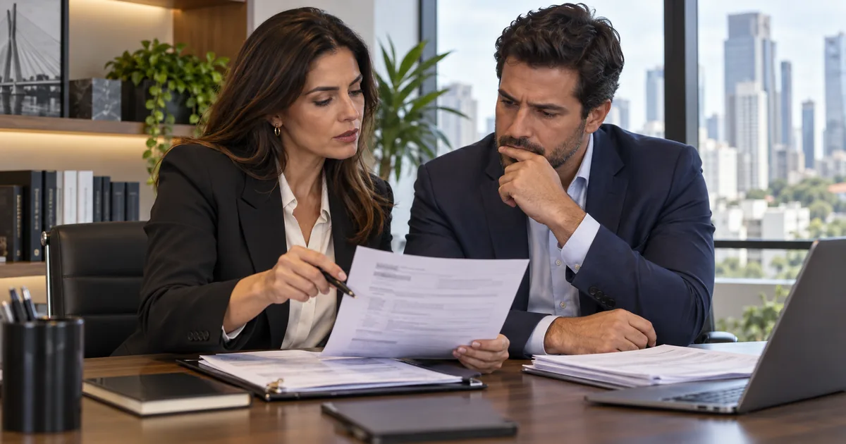 Advogada e empresário analisam documentos de dívida protestada