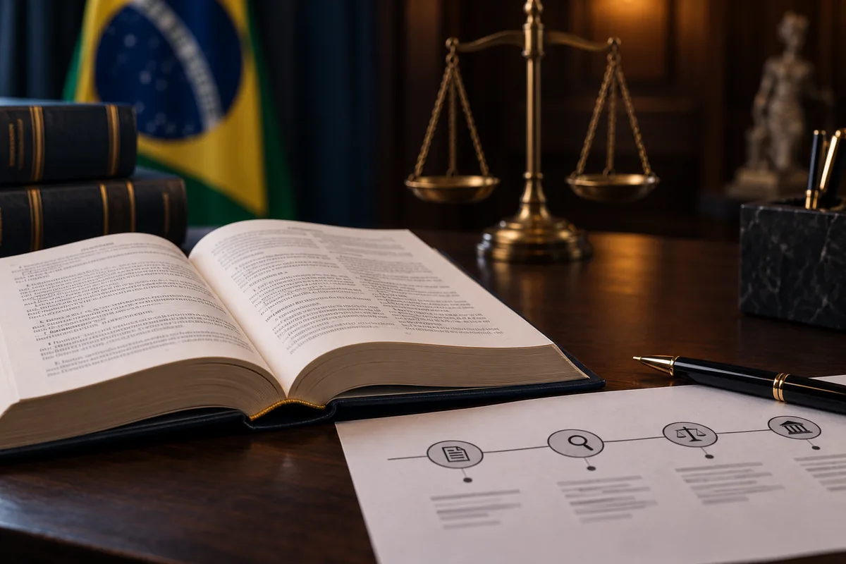 Código Penal aberto ao lado de balança da Justiça