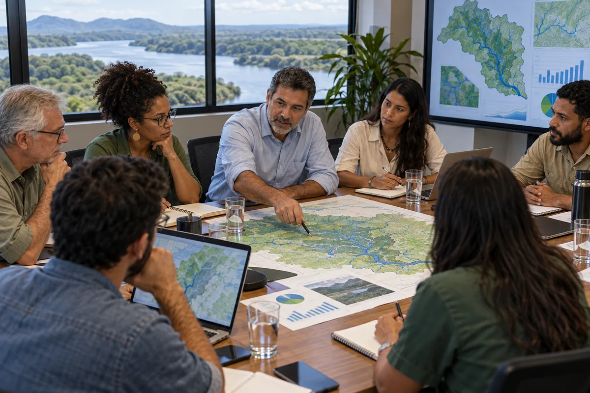 Representantes analisam mapa e dados em reunião de comitê de bacia