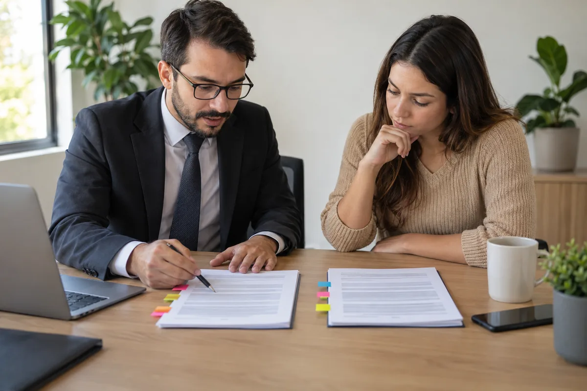 Profissional e consumidora comparam versões de contrato