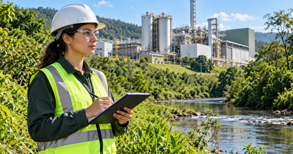 Técnica ambiental inspeciona indústria próxima a curso d'água protegido