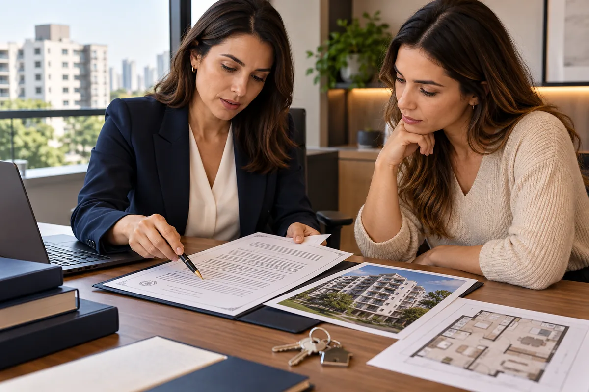 Compradora revisa matrícula, planta e contrato com advogada