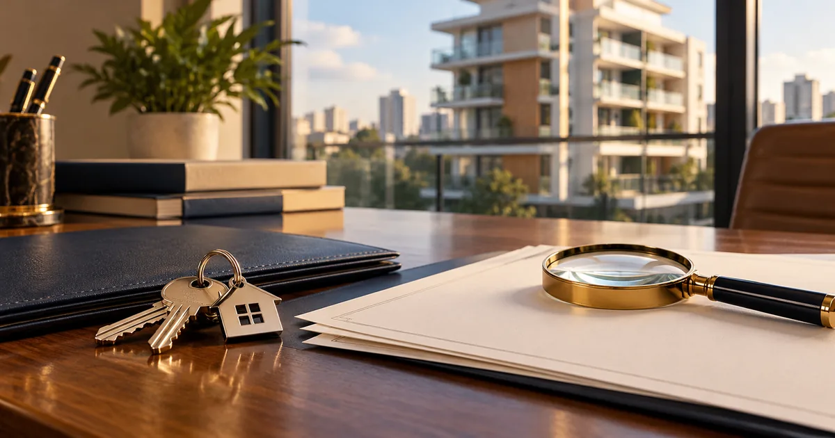 Chaves, certidões e lupa em análise de compra imobiliária