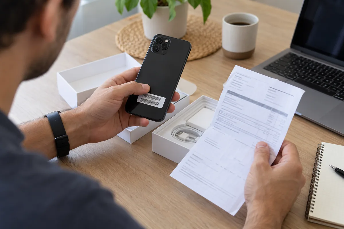 Pessoa conferindo nota fiscal e número de série de celular usado